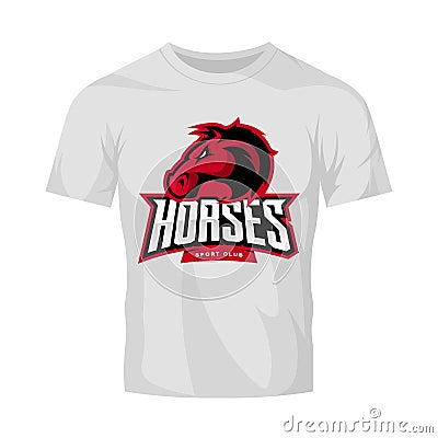 Furious horse sport club vector logo concept isolated on white t-shirt mockup. Vector Illustration