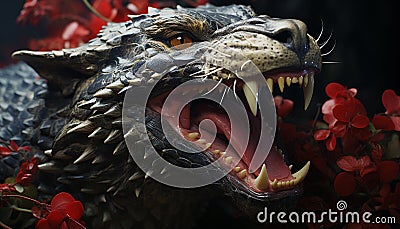 Furious lion fang, cute feline mouth, spooky crocodile aggression generated by AI Stock Photo