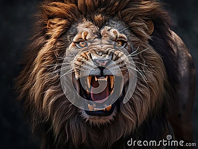 Furious lion portrait with intense eyes and big teeth. Award-winning wildlife image. Cartoon Illustration