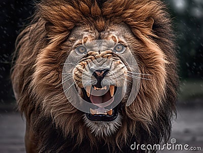 Furious lion portrait with intense eyes and big teeth. Award-winning wildlife image. Cartoon Illustration