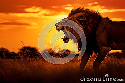 Furious lion at sunset on field. Generative AI Stock Photo