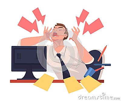 Furious Man Office Employee with Fierce Face Shouting and Screaming Out Loud Vector Illustration Vector Illustration
