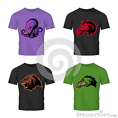 Furious octopus, bear, alligator and horse head sport vector logo concept set on color t-shirt mockup.Furious octopus, be Vector Illustration