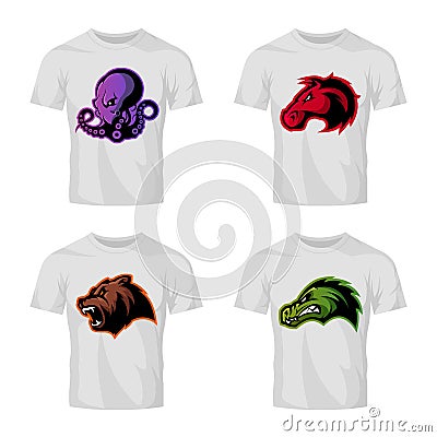 Furious octopus, bear, alligator and horse head sport vector logo concept set on color t-shirt mockup.Furious octopus, be Vector Illustration