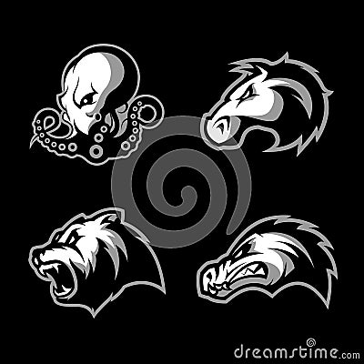 Furious octopus, bear, alligator and horse head sport vector logo concept set isolated on black background. Vector Illustration