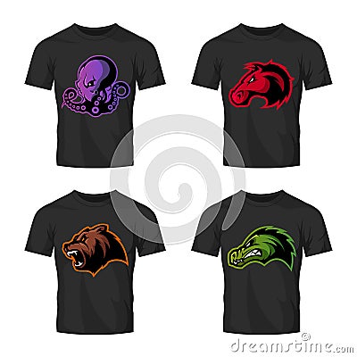 Furious octopus, bear, alligator and horse head sport vector logo concept set isolated on black t-shirt mockup. Vector Illustration