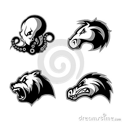 Furious octopus, bear, alligator and horse head sport vector logo concept set isolated on white background. Vector Illustration