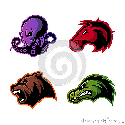 Furious octopus, bear, alligator and horse head sport vector logo concept set isolated on white background. Vector Illustration