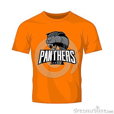 Furious panthers sport vector logo concept isolated on orange t-shirt mockup Vector Illustration