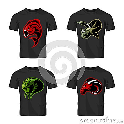 Furious piranha, ram, snake and dinosaur head sport vector logo concept set on black t-shirt mockup. Vector Illustration