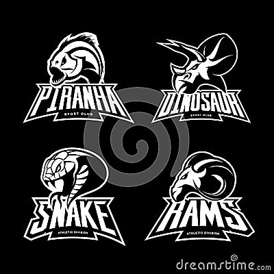 Furious piranha, ram, snake and dinosaur head sport vector logo concept set isolated on black background. Vector Illustration
