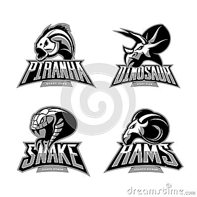 Furious piranha, ram, snake and dinosaur head sport vector logo concept set isolated on white background. Vector Illustration