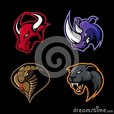 Furious rhino, bull, cobra and panther sport vector logo concept set isolated on black background. Vector Illustration
