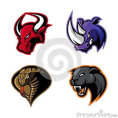 Furious rhino, bull, cobra and panther sport vector logo concept set isolated on white background. Vector Illustration