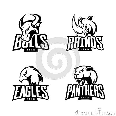 Furious rhino, bull, eagle and panther mono sport vector logo concept set isolated on white background. Vector Illustration