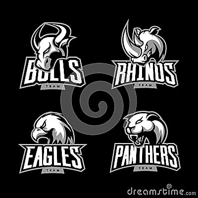 Furious rhino, bull, eagle and panther sport vector logo concept set isolated on dark background. Vector Illustration