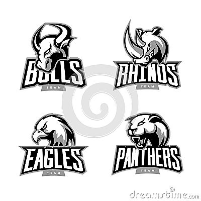 Furious rhino, bull, eagle and panther sport vector logo concept set isolated on white background. Vector Illustration