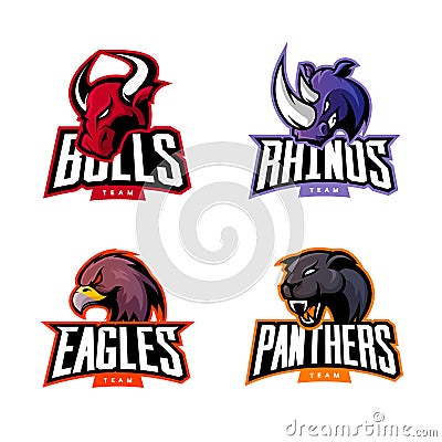 Furious rhino, bull, eagle and panther sport vector logo concept set isolated on white background. Vector Illustration