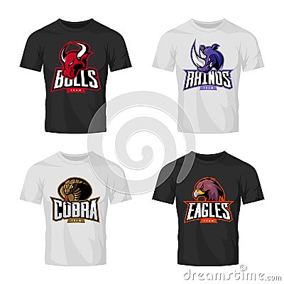 Furious rhino, bull, eagle and snake sport vector logo concept set isolated on black t-shirt mockup. Vector Illustration