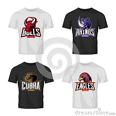 Furious rhino, bull, eagle and snake sport vector logo concept set isolated on black t-shirt mockup. Vector Illustration