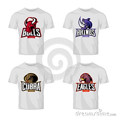 Furious rhino, bull, eagle and snake sport vector logo concept set isolated on white t-shirt mockup. Vector Illustration