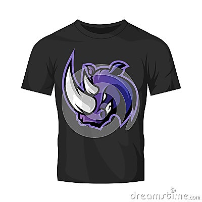 Furious rhino sport vector logo concept isolated on black t-shirt mockup Vector Illustration