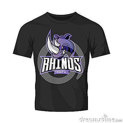 Furious rhino sport vector logo concept isolated on black t-shirt mockup. Vector Illustration