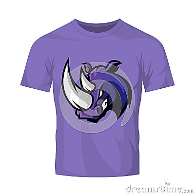 Furious rhino sport vector logo concept isolated on purple t-shirt mockup Vector Illustration