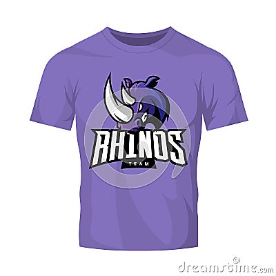 Furious rhino sport vector logo concept isolated on purple t-shirt mockup Vector Illustration