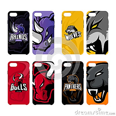 Furious rhino, wolf, bull and panther sport vector logo concept smart phone case. Vector Illustration