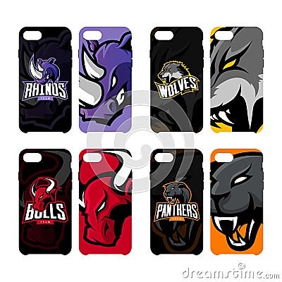 Furious rhino, wolf, bull and panther sport vector logo concept smart phone case. Vector Illustration