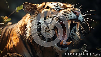 Furious tiger roaring, fierce gaze, wild beauty in nature portrait generated by AI Stock Photo