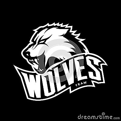 Furious wolf sport mono vector logo concept isolated on dark background Vector Illustration