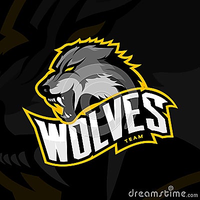 Furious wolf sport vector logo concept on dark background Vector Illustration