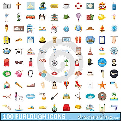 100 furlough icons set, cartoon style Vector Illustration