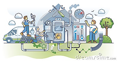 Furnace repair and professional heating system maintenance outline concept Vector Illustration