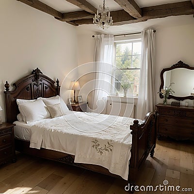 Furnished bedroom within former victorian rectory with ornate carved four poster bed and matching period sideboard drawers, chaise Stock Photo