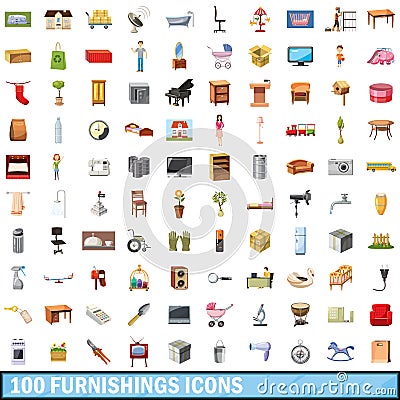 100 furnishings icons set, cartoon style Vector Illustration