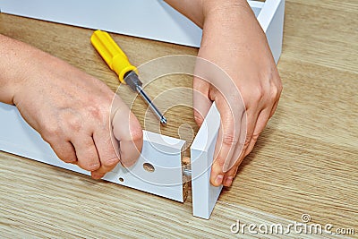 Furniture assembler joins together two parts of furniture. Stock Photo