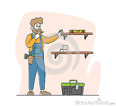 Furniture Assembly. Carpenter Worker Character with Tools and Level Assembling Home Furniture Hanging Shelves on Wall Vector Illustration