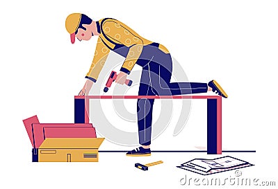 Furniture assembly. Handyman, furniture collector assembling closet, cupboard using hand drill tool, vector illustration Vector Illustration