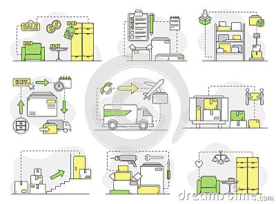 Furniture Buying, Delivery and Assembling Line Vector Set Vector Illustration