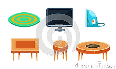 Furniture Collection, Home Accessories, Carpet, TV, Iron, Chest of Drawers, Coffee Table, Wooden Chair Vector Vector Illustration