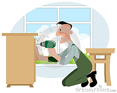 Furniture collector with screwdriver Vector Illustration