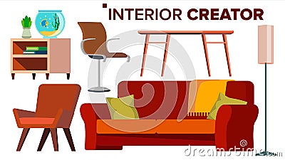 Furniture Creator Vector. Living Room. Modern Chair Objects. Sofa, Armchair, Lamp, Table, Bedside Table. Isolated Flat Vector Illustration