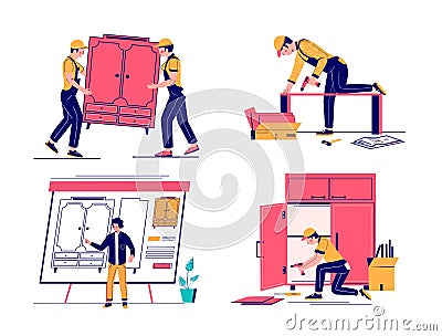 Furniture design, delivery, assembly set, vector flat illustration Vector Illustration