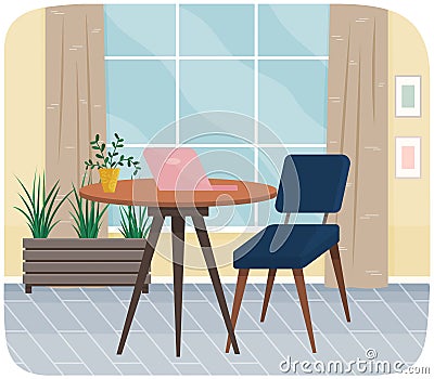 Furniture and equipment, table with laptop at place for working with technology, workplace at home Vector Illustration