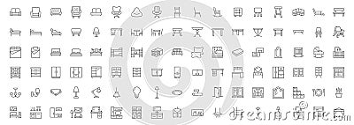 Furniture flat line icons set. Kitchen, bedroom, sofa table, bookcase closet, chair, mattress, lamps, ladder vector Vector Illustration