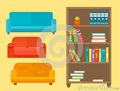 Furniture home decor icon set indoor cabinet interior room library office bookshelf modern restroom silhouette Vector Illustration