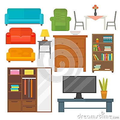 Furniture home decor icon set indoor cabinet interior room library office bookshelf modern restroom silhouette Vector Illustration